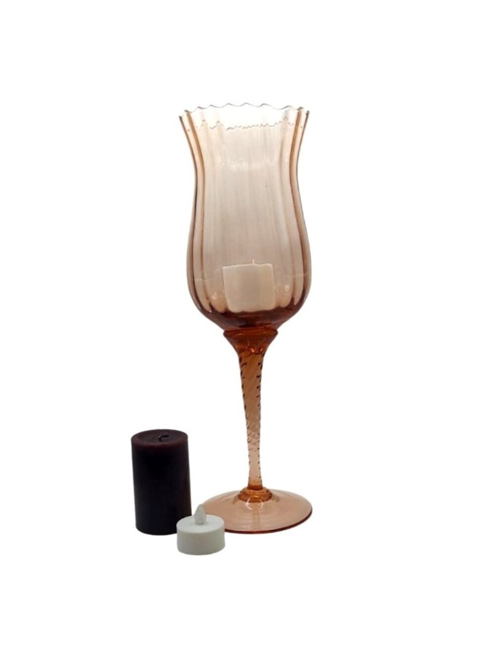 Hand Blown Glass Candle Holder Vase Pink Optic Swirl Twist Stem 12.5" Tall MCM
